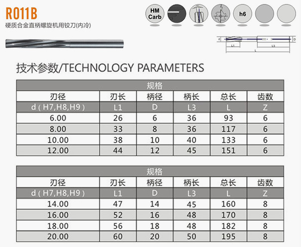 硬質(zhì)合金直柄螺旋機(jī)用鉸刀（內(nèi)冷）